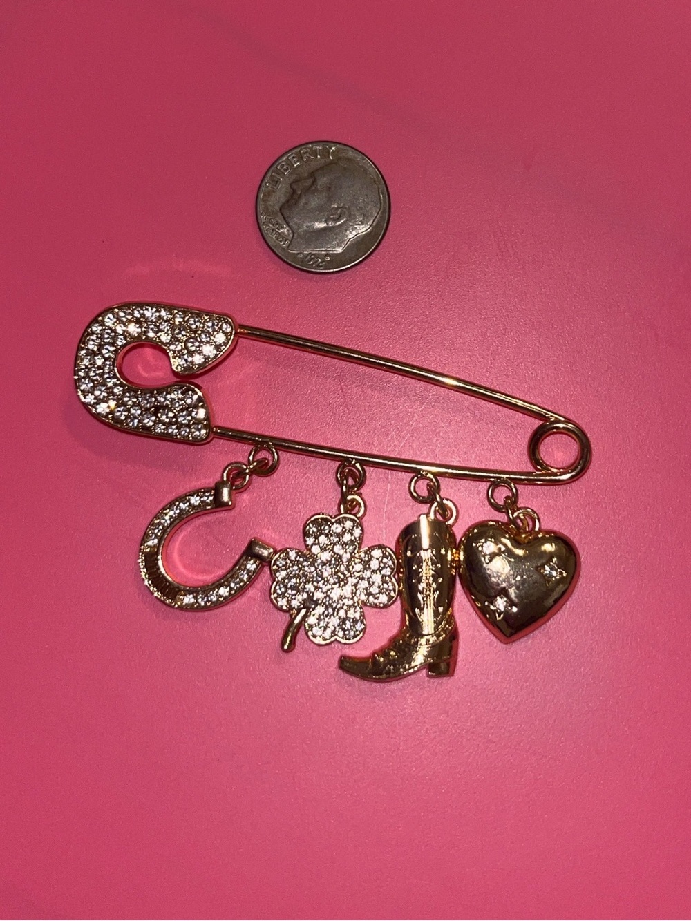 NWOT Gold-Tone Charm Safety Pin Brooch with Crystal Accents